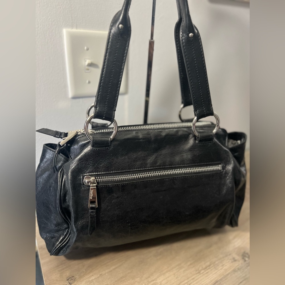 Hobo double handle satchel shoulder bag Black Leather Handbag Purse 2425